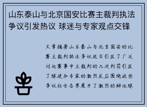 山东泰山与北京国安比赛主裁判执法争议引发热议 球迷与专家观点交锋